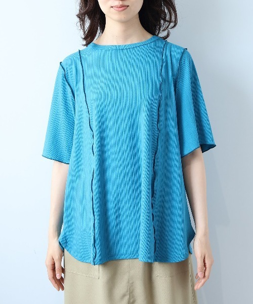 leswel(レスウェル)の「【L~5L 大きいサイズ】ソフトテレコ配色メローTシャツ 6分袖 春夏 メローデザイン(Tシャツ/カットソー・レディース・カーキ/ブラック/ブルー・LL/L/5L/3L/4L)」の16枚目の写真