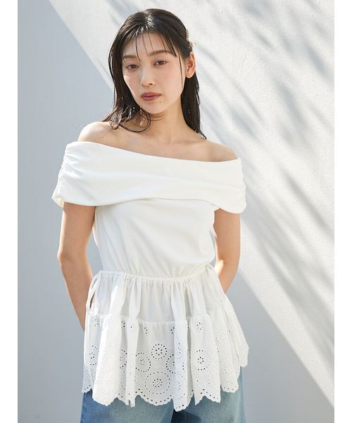 スナイデルホーム　ネイビー　tシャツ　ペプラム　パンツ　moispro 異素材ペプラムTシャツ（カットソー/Tシャツ）｜SNIDEL