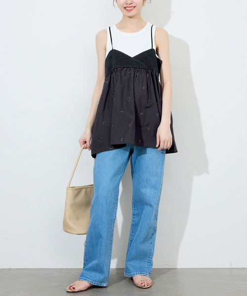 IENA◆24AW/フクレジャガードキャミトップブラウス/FREE/ポリエステル/BLK/24051900992040 earth music&ecology｜ジャガードフレアキャミブラウス