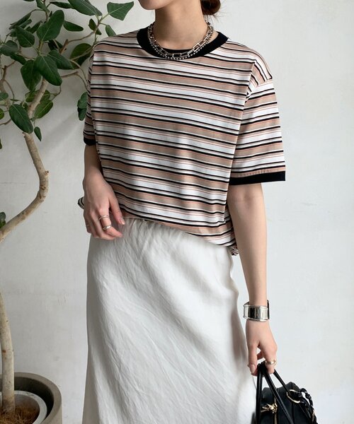DouDou（ドゥドゥ）の「マルチボーダーTEE（Tシャツ/カットソー・レディース・ネイビー/ベージュ・FREE）」の22枚目の写真