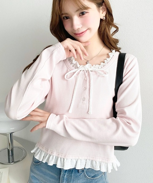 moment+(モーメントプラス)の「ヘンリーネックレイヤード風長袖Tシャツ(Tシャツ/カットソー・レディース・杢グレー/ブラック/アイボリー/ネイビー/ピンク・M/L)」の5枚目の写真