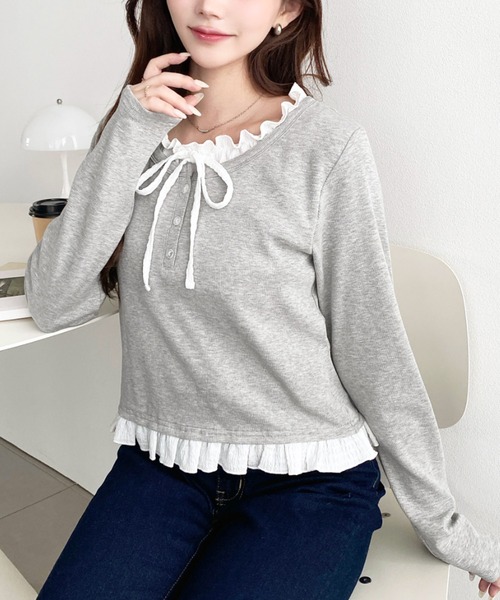 moment+(モーメントプラス)の「ヘンリーネックレイヤード風長袖Tシャツ(Tシャツ/カットソー・レディース・杢グレー/ブラック/アイボリー/ネイビー/ピンク・M/L)」の8枚目の写真