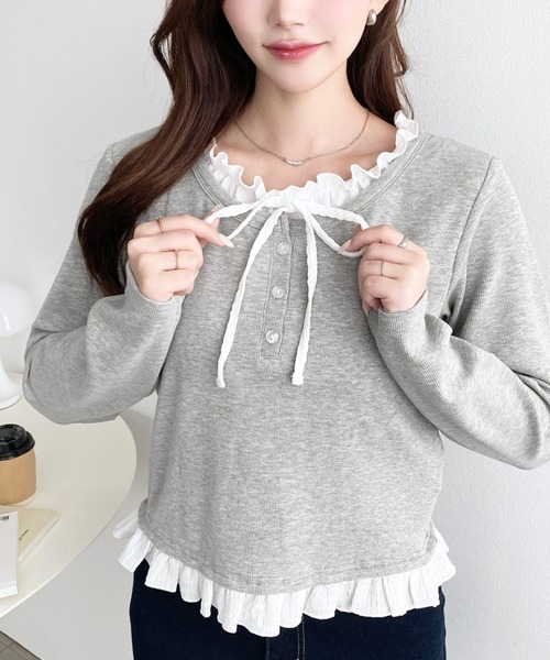 moment+(モーメントプラス)の「ヘンリーネックレイヤード風長袖Tシャツ(Tシャツ/カットソー・レディース・杢グレー/ブラック/アイボリー/ネイビー/ピンク・M/L)」の7枚目の写真