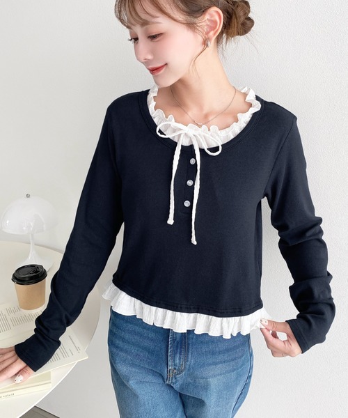moment+(モーメントプラス)の「ヘンリーネックレイヤード風長袖Tシャツ(Tシャツ/カットソー・レディース・杢グレー/ブラック/アイボリー/ネイビー/ピンク・M/L)」の15枚目の写真