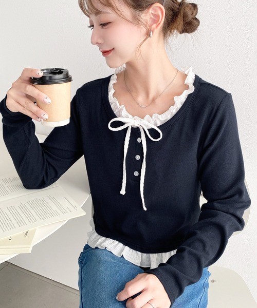 moment+(モーメントプラス)の「ヘンリーネックレイヤード風長袖Tシャツ(Tシャツ/カットソー・レディース・杢グレー/ブラック/アイボリー/ネイビー/ピンク・M/L)」の14枚目の写真