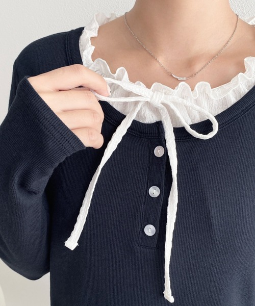 moment+(モーメントプラス)の「ヘンリーネックレイヤード風長袖Tシャツ(Tシャツ/カットソー・レディース・杢グレー/ブラック/アイボリー/ネイビー/ピンク・M/L)」の16枚目の写真