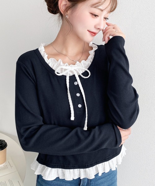 moment+(モーメントプラス)の「ヘンリーネックレイヤード風長袖Tシャツ(Tシャツ/カットソー・レディース・杢グレー/ブラック/アイボリー/ネイビー/ピンク・M/L)」の13枚目の写真