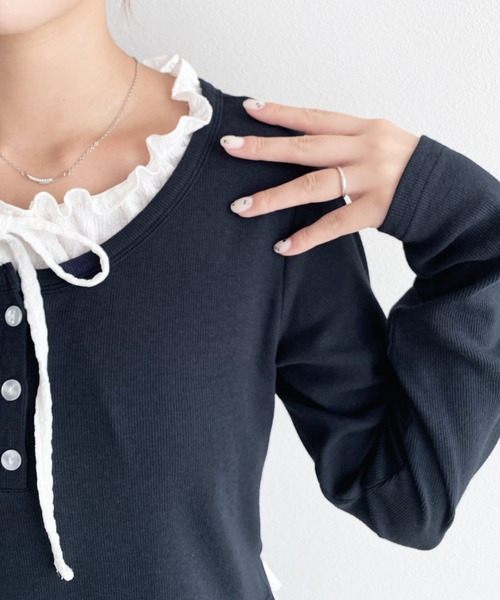 moment+(モーメントプラス)の「ヘンリーネックレイヤード風長袖Tシャツ(Tシャツ/カットソー・レディース・杢グレー/ブラック/アイボリー/ネイビー/ピンク・M/L)」の17枚目の写真