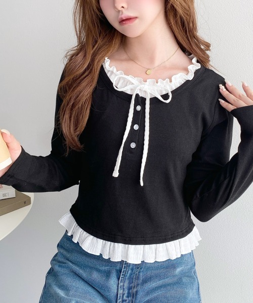 moment+(モーメントプラス)の「ヘンリーネックレイヤード風長袖Tシャツ(Tシャツ/カットソー・レディース・杢グレー/ブラック/アイボリー/ネイビー/ピンク・M/L)」の21枚目の写真