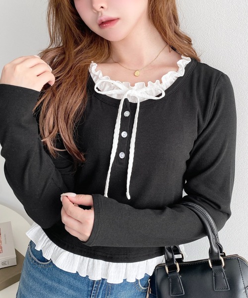 moment+(モーメントプラス)の「ヘンリーネックレイヤード風長袖Tシャツ(Tシャツ/カットソー・レディース・杢グレー/ブラック/アイボリー/ネイビー/ピンク・M/L)」の19枚目の写真