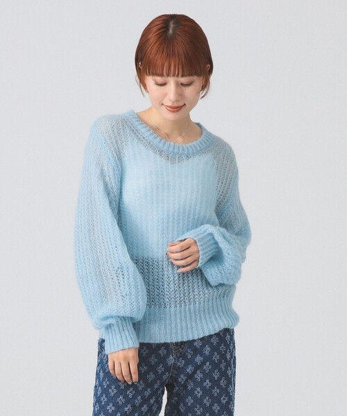 美品 ドゥーズィエムクラス モヘヤ混 クルーネックニット 水色 オーバーサイズ セール】モヘヤ タッチ シアー クルーネック ニット（ニット/セーター