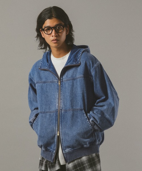 美品　Stone  デニムブルーフード付きジャケット セール】デニムワークフードジャケット【セットアップ対応】（ブルゾン
