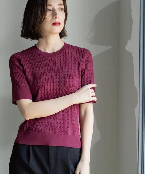 OPAQUE.CLIP（オペークドットクリップ）の「ケーブルハーフスリーブニット【UVケア/洗濯機OK】《6col/S～LL》（ニット/セーター・レディース・グリーン/アイボリー/ブラック/ネイビー/キャメル/ボルドー・36/38/40/42）」の6枚目の写真