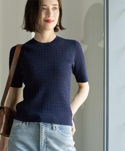 OPAQUE.CLIP（オペークドットクリップ）の「ケーブルハーフスリーブニット【UVケア/洗濯機OK】《6col/S～LL》（ニット/セーター・レディース・グリーン/アイボリー/ブラック/ネイビー/キャメル/ボルドー・36/38/40/42）」の7枚目の写真