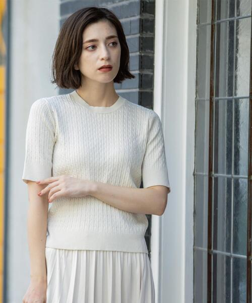 OPAQUE.CLIP（オペークドットクリップ）の「ケーブルハーフスリーブニット【UVケア/洗濯機OK】《6col/S～LL》（ニット/セーター・レディース・グリーン/アイボリー/ブラック/ネイビー/キャメル/ボルドー・36/38/40/42）」の9枚目の写真