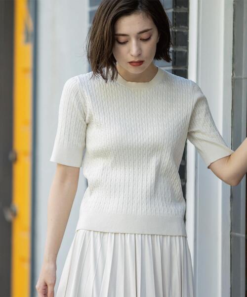 OPAQUE.CLIP（オペークドットクリップ）の「ケーブルハーフスリーブニット【UVケア/洗濯機OK】《6col/S～LL》（ニット/セーター・レディース・グリーン/アイボリー/ブラック/ネイビー/キャメル/ボルドー・36/38/40/42）」の11枚目の写真