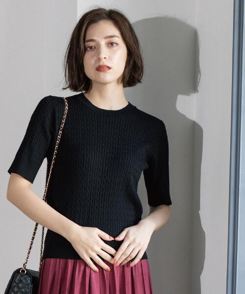 OPAQUE.CLIP（オペークドットクリップ）の「ケーブルハーフスリーブニット【UVケア/洗濯機OK】《6col/S～LL》（ニット/セーター・レディース・グリーン/アイボリー/ブラック/ネイビー/キャメル/ボルドー・36/38/40/42）」の15枚目の写真