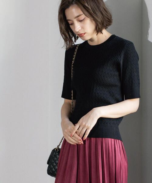 OPAQUE.CLIP（オペークドットクリップ）の「ケーブルハーフスリーブニット【UVケア/洗濯機OK】《6col/S～LL》（ニット/セーター・レディース・グリーン/アイボリー/ブラック/ネイビー/キャメル/ボルドー・36/38/40/42）」の16枚目の写真