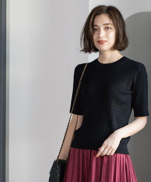 OPAQUE.CLIP（オペークドットクリップ）の「ケーブルハーフスリーブニット【UVケア/洗濯機OK】《6col/S～LL》（ニット/セーター・レディース・グリーン/アイボリー/ブラック/ネイビー/キャメル/ボルドー・36/38/40/42）」の17枚目の写真