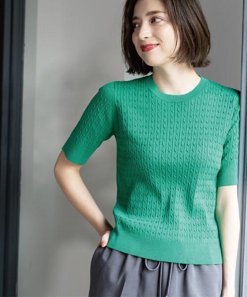 OPAQUE.CLIP（オペークドットクリップ）の「ケーブルハーフスリーブニット【UVケア/洗濯機OK】《6col/S～LL》（ニット/セーター・レディース・グリーン/アイボリー/ブラック/ネイビー/キャメル/ボルドー・36/38/40/42）」の22枚目の写真