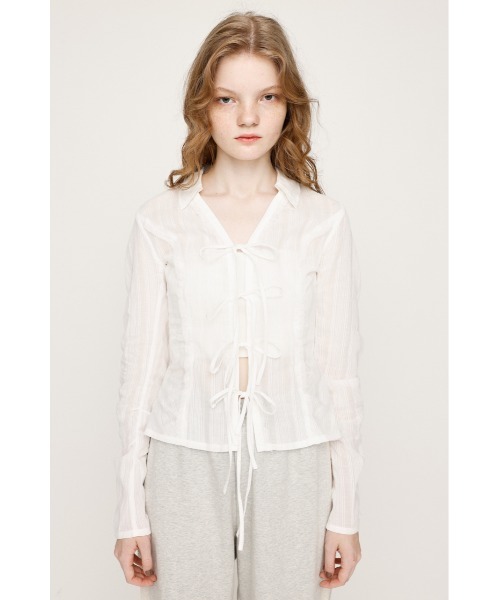 SLY（スライ）の「FRONT RIBBON SHIRRING SH フロントリボン シャーリング シャツ 秋服 春服（シャツ/ブラウス・レディース・ベージュ/ライトブルー/オフホワイト・FREE）」の5枚目の写真