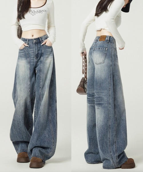 ADDITION STORE(アディションストア)の「【キレイな色落ちが◎】ハイウエスト ビンテージ ワイドデニム / High-waisted vintage wide-leg denim(デニムパンツ・レディース・ブルー・LARGE/MEDIUM/SMALL)」の1枚目の写真