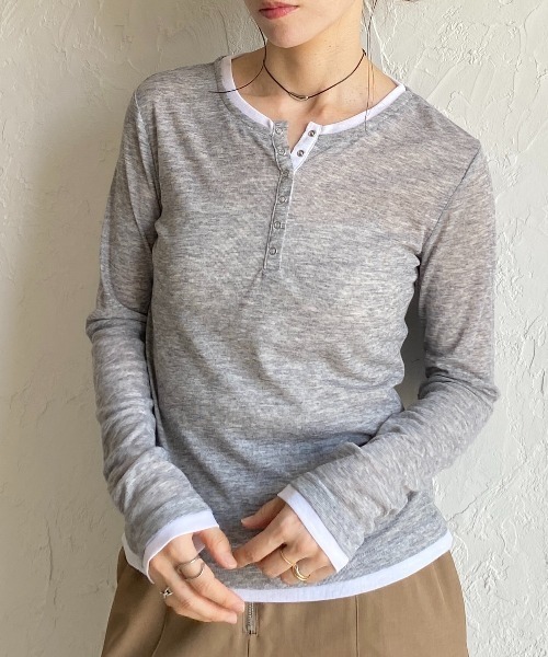 セール】長袖配色レイヤードヘンリーネックシアートップス（Tシャツ