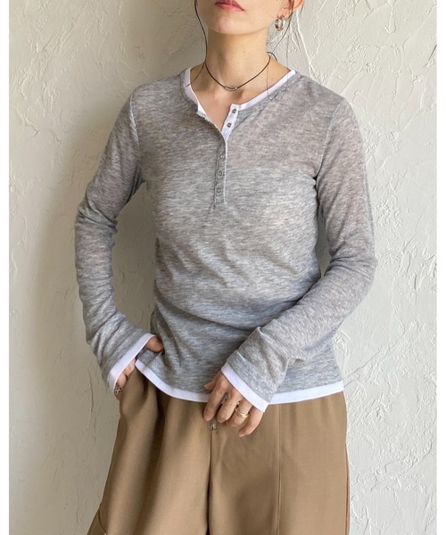 セール】長袖配色レイヤードヘンリーネックシアートップス（T