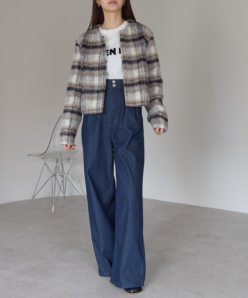 セール】ハイウエスト デニム タックワイドパンツ (S,M,L,XL)（デニム