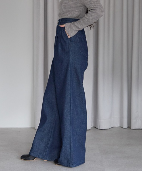 セール】ハイウエスト デニム タックワイドパンツ (S,M,L,XL)(デニム セール】ハイウエスト デニム タックワイドパンツ (S,M,L,XL)(デニム