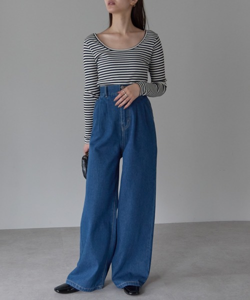PREFERIR(プレフェリール)の「ハイウエスト デニム タックワイドパンツ (S,M,L,XL)(デニムパンツ・レディース・ネイビー/ダークネイビー・MEDIUM/LARGE/X-LARGE/SMALL)」の22枚目の写真