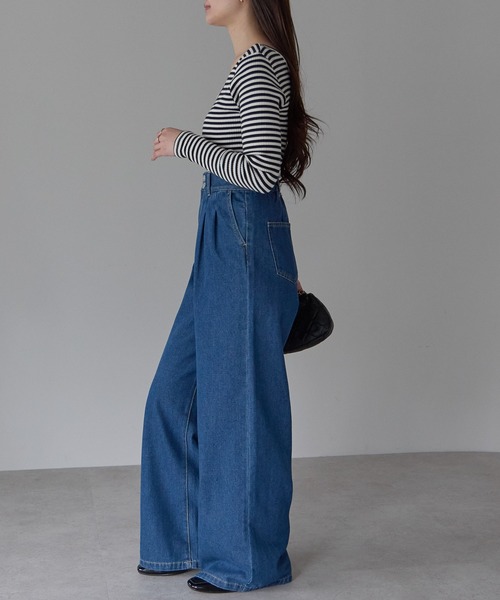 セール】ハイウエスト デニム タックワイドパンツ (S,M,L,XL)(デニム セール】ハイウエスト デニム タックワイドパンツ (S,M,L,XL)(デニム
