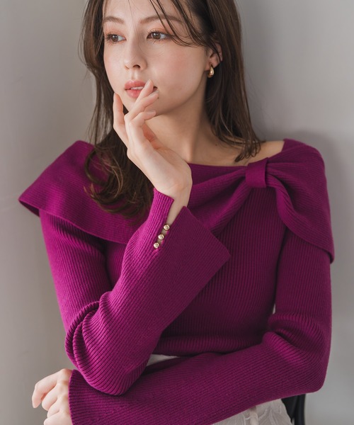 MISCH MASCH（ミッシュマッシュ）の「2025秋冬新作 アシメリボン2wayフレア袖ニット（ニット/セーター・レディース・ブラック/ブラウン/パープル/ホワイト・ﾌﾘ-）」の4枚目の写真