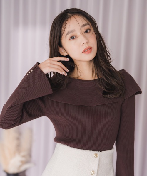 MISCH MASCH（ミッシュマッシュ）の「2025秋冬新作 アシメリボン2wayフレア袖ニット（ニット/セーター・レディース・ブラック/ブラウン/パープル/ホワイト・ﾌﾘ-）」の6枚目の写真