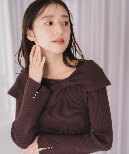 MISCH MASCH（ミッシュマッシュ）の「2025秋冬新作 アシメリボン2wayフレア袖ニット（ニット/セーター・レディース・ブラック/ブラウン/パープル/ホワイト・ﾌﾘ-）」の7枚目の写真