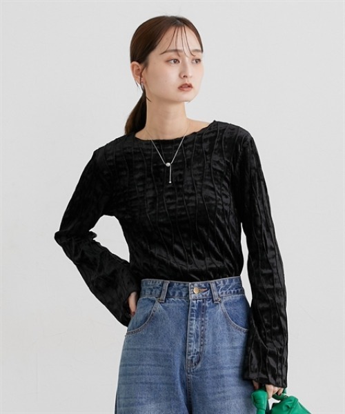 nissen（ニッセン）の「ウェーブタックベロアトップス（Tシャツ/カットソー・レディース・チャコール/アイボリー/ブラック・M/L）」の18枚目の写真