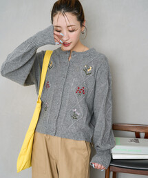 可愛い刺繍入りグレーのジャケットカーディガン ジャケット レディース セーター カレッジ ガーリー 大人かわいい