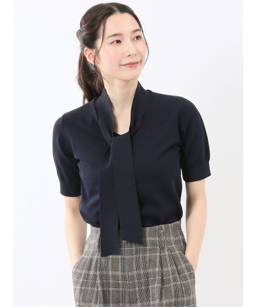 m.f.editorial（エムエフエディトリアル）の「【ストレッチ ハンドウォッシャブル】m.f.エディトリアル レディース 2WAY 半袖ニットプルオーバー（ニット/セーター・レディース・イエロー/ネイビー/ライトグレー/サックスブルー・MEDIUM/LARGE）」の2枚目の写真