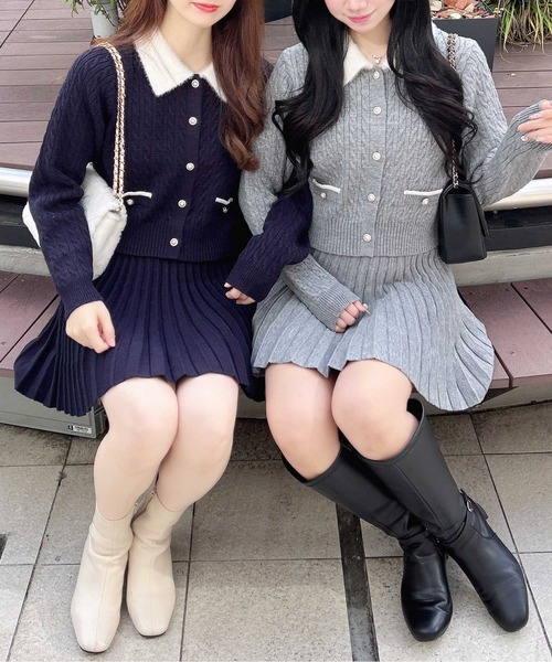 INGNI（イング）の「フェザー襟ケーブルニットカーディガン＋ニットスカパン／セット（カーディガン/ボレロ・レディース・ネイビー系9/グレー系9/ホワイト系1・M）」の2枚目の写真