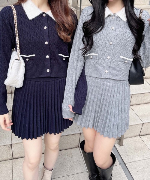 INGNI（イング）の「フェザー襟ケーブルニットカーディガン＋ニットスカパン／セット（カーディガン/ボレロ・レディース・ネイビー系9/グレー系9/ホワイト系1・M）」の3枚目の写真