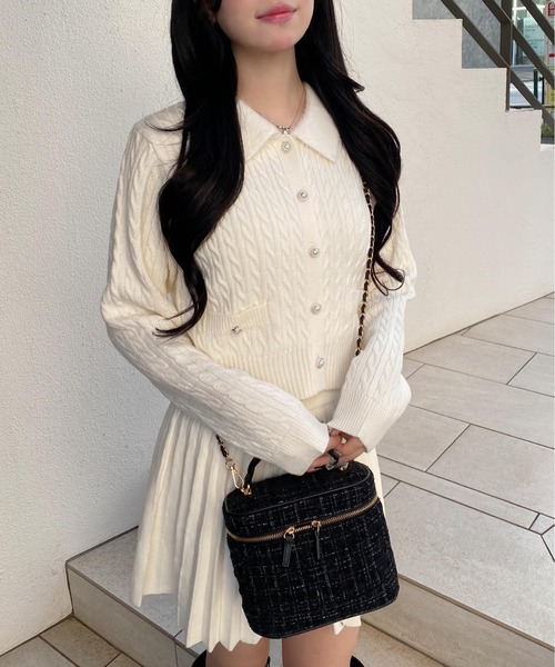 INGNI（イング）の「フェザー襟ケーブルニットカーディガン＋ニットスカパン／セット（カーディガン/ボレロ・レディース・ネイビー系9/グレー系9/ホワイト系1・M）」の6枚目の写真