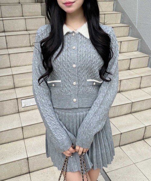 INGNI（イング）の「フェザー襟ケーブルニットカーディガン＋ニットスカパン／セット（カーディガン/ボレロ・レディース・ネイビー系9/グレー系9/ホワイト系1・M）」の14枚目の写真