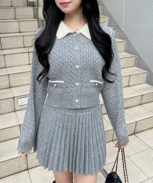 INGNI（イング）の「フェザー襟ケーブルニットカーディガン＋ニットスカパン／セット（カーディガン/ボレロ・レディース・ネイビー系9/グレー系9/ホワイト系1・M）」の15枚目の写真