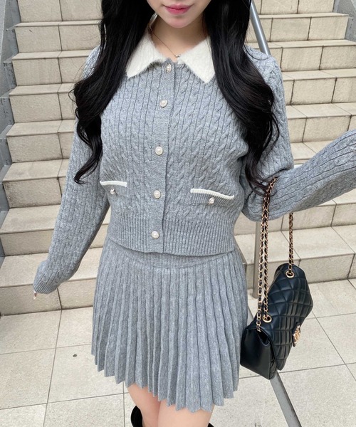 INGNI（イング）の「フェザー襟ケーブルニットカーディガン＋ニットスカパン／セット（カーディガン/ボレロ・レディース・ネイビー系9/グレー系9/ホワイト系1・M）」の16枚目の写真