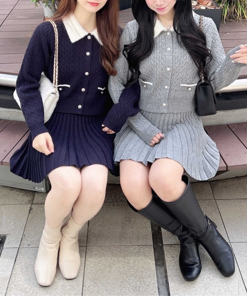 INGNI（イング）の「フェザー襟ケーブルニットカーディガン＋ニットスカパン／セット（カーディガン/ボレロ・レディース・ネイビー系9/グレー系9/ホワイト系1・M）」の21枚目の写真