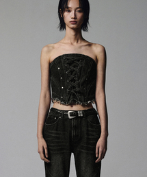 NOT4NERD（ノットフォーナード）の「W アイレット ヴィンテージ デニム コルセット - ブラック（ベスト）」