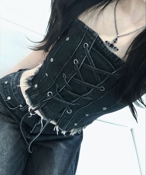 NOT4NERD(ノットフォーナード)の「W アイレット ヴィンテージ デニム コルセット - ブラック(ベスト・レディース・その他・MEDIUM/SMALL)」の4枚目の写真
