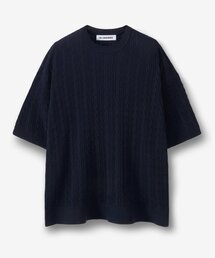 ケーブルパンチング半袖ラウンドニット_ネイビー