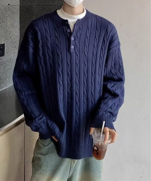 メンズ ケーブル編み ヘンリーネック（ニット/セーター）｜BLANC