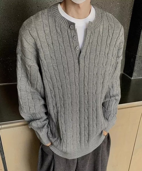 メンズ ケーブル編み ヘンリーネック（ニット/セーター）｜BLANC